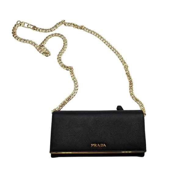 PRADA Black Saffiano Leather Wallet On Chain Flap Card Holder Clutch - Picture 2 of 14